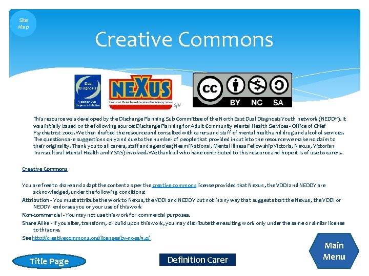 Site Map Creative Commons This resource was developed by the Discharge Planning Sub Committee Site Map Creative Commons This resource was developed by the Discharge Planning Sub Committee