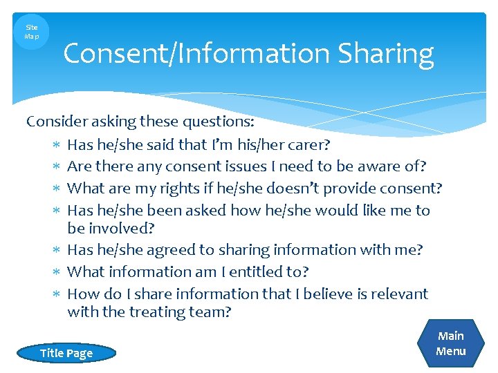 Site Map Consent/Information Sharing Consider asking these questions: Has he/she said that I’m his/her