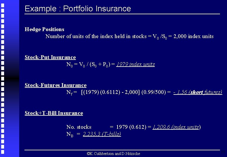 Example : Portfolio Insurance Hedge Positions Number of units of the index held in