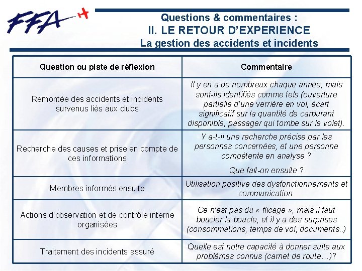 Questions & commentaires : II. LE RETOUR D’EXPERIENCE La gestion des accidents et incidents