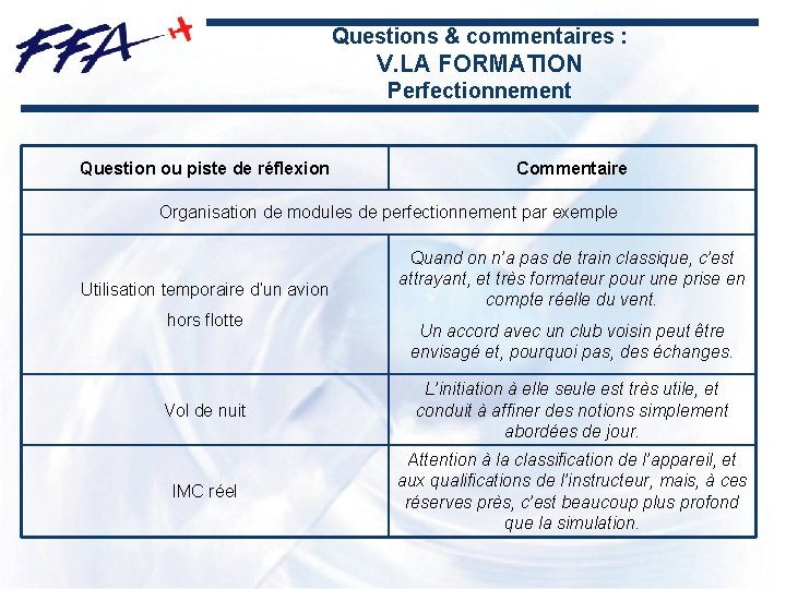 Questions & commentaires : V. LA FORMATION Perfectionnement Question ou piste de réflexion Commentaire