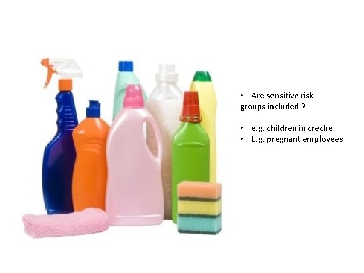 • Are sensitive risk groups included ? • e. g. children in creche • Are sensitive risk groups included ? • e. g. children in creche