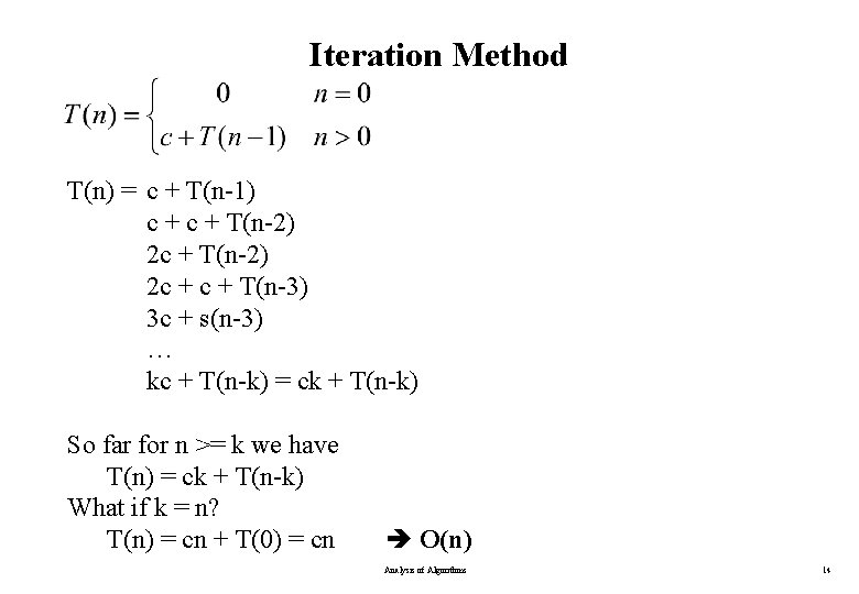 Iteration Method T(n) = c + T(n-1) c + T(n-2) 2 c + c