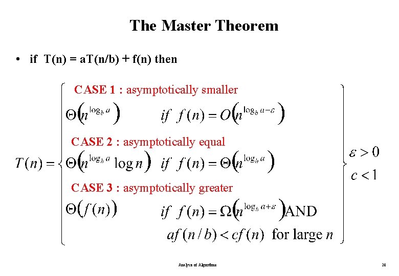 The Master Theorem • if T(n) = a. T(n/b) + f(n) then CASE 1