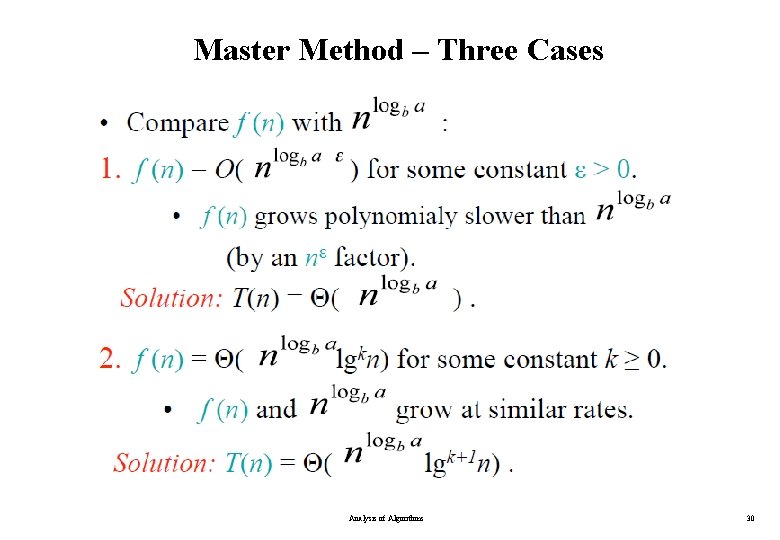 Master Method – Three Cases Analysis of Algorithms 30 