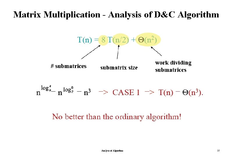 Matrix Multiplication - Analysis of D&C Algorithm Analysis of Algorithms 57 