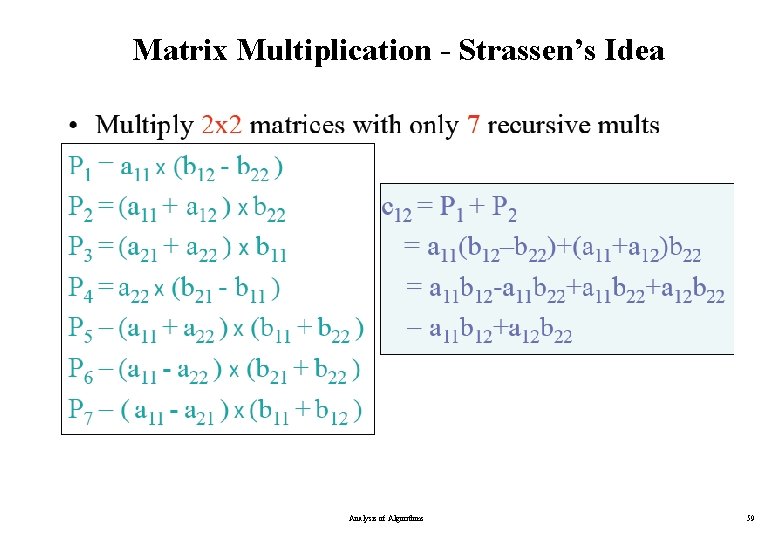 Matrix Multiplication - Strassen’s Idea Analysis of Algorithms 59 