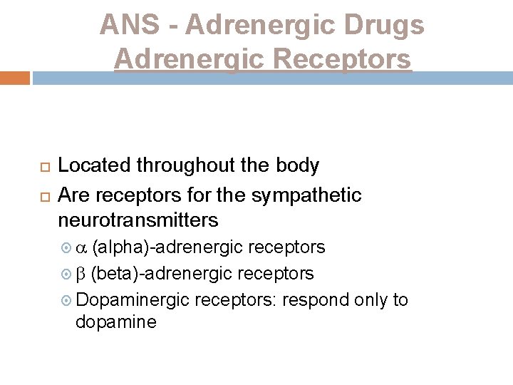 ANS - Adrenergic Drugs Adrenergic Receptors Located throughout the body Are receptors for the