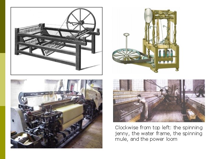 Clockwise from top left: the spinning jenny, the water frame, the spinning mule, and