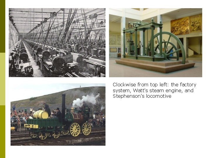 Clockwise from top left: the factory system, Watt’s steam engine, and Stephenson’s locomotive 