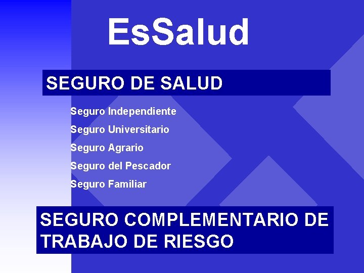 Es. Salud SEGURO DE SALUD Seguro Independiente Seguro Universitario Seguro Agrario Seguro del Pescador Es. Salud SEGURO DE SALUD Seguro Independiente Seguro Universitario Seguro Agrario Seguro del Pescador