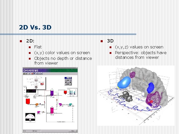 2 D Vs. 3 D n 2 D: n n n Flat (x, y)