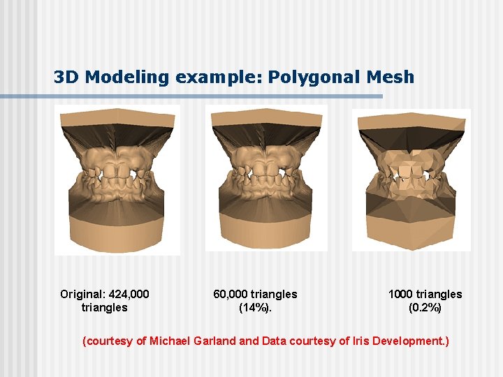 3 D Modeling example: Polygonal Mesh Original: 424, 000 triangles 60, 000 triangles (14%).