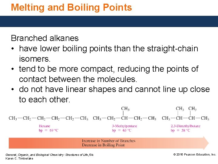 Melting and Boiling Points Branched alkanes • have lower boiling points than the straight-chain Melting and Boiling Points Branched alkanes • have lower boiling points than the straight-chain