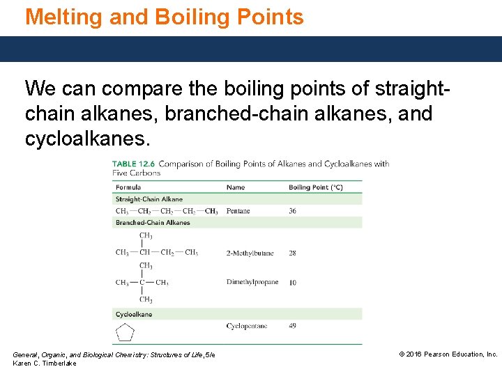 Melting and Boiling Points We can compare the boiling points of straightchain alkanes, branched-chain Melting and Boiling Points We can compare the boiling points of straightchain alkanes, branched-chain