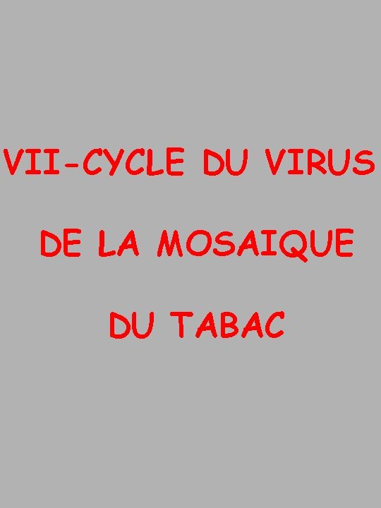 VII-CYCLE DU VIRUS DE LA MOSAIQUE DU TABAC 