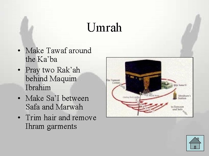 Umrah • Make Tawaf around the Ka’ba • Pray two Rak’ah behind Maquim Ibrahim