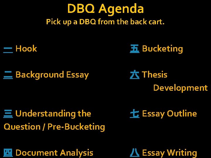 DBQ Agenda Pick up a DBQ from the back cart. 一 Hook 五 Bucketing