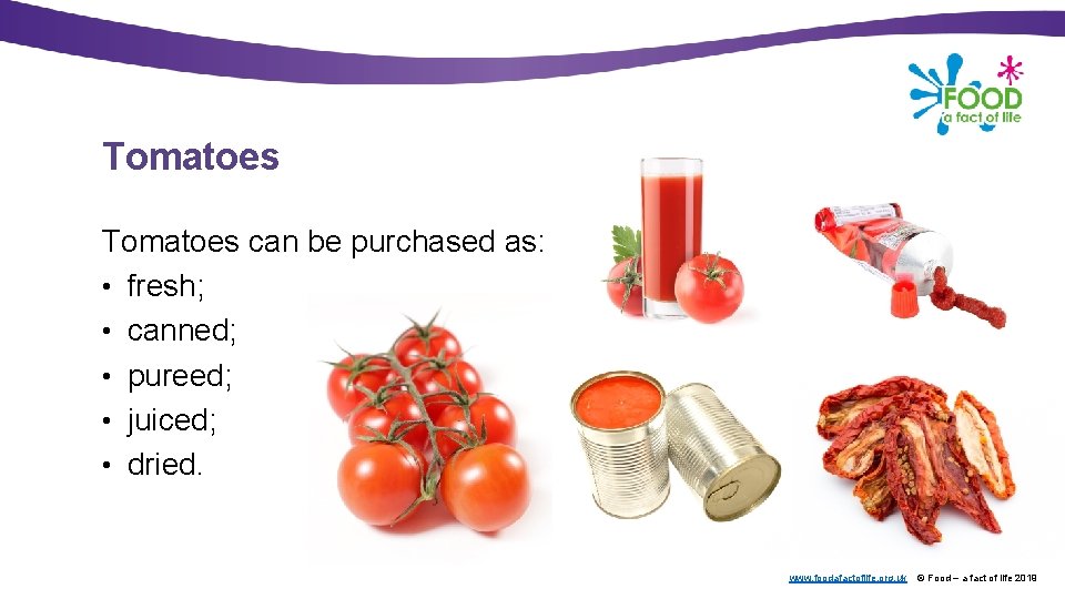 Tomatoes can be purchased as: • fresh; • canned; • pureed; • juiced; •