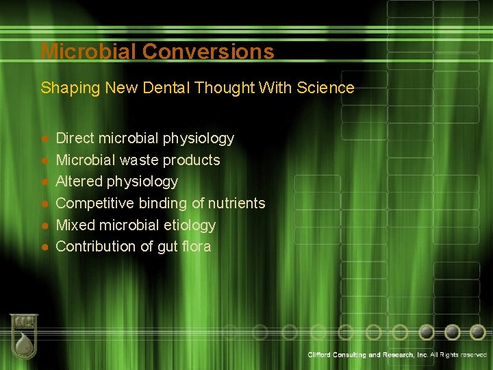 Microbial Conversions Shaping New Dental Thought With Science ● ● ● Direct microbial physiology