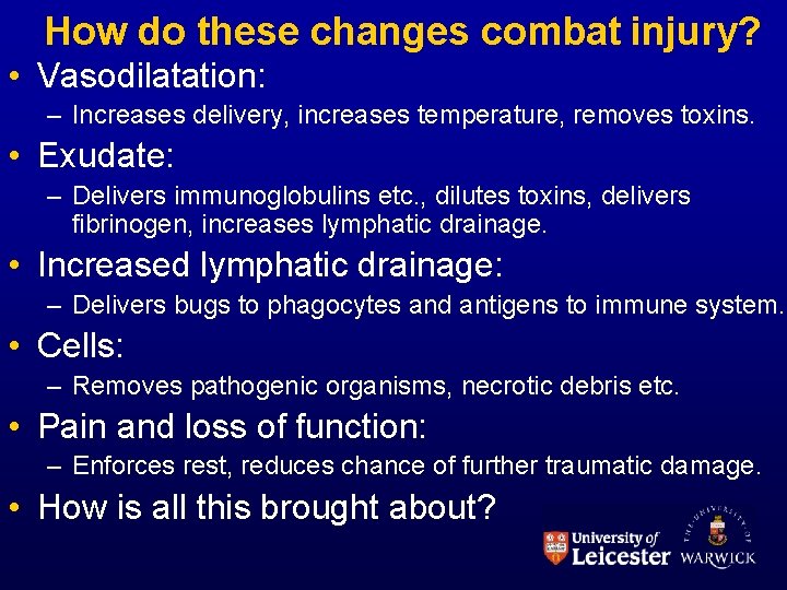 How do these changes combat injury? • Vasodilatation: – Increases delivery, increases temperature, removes