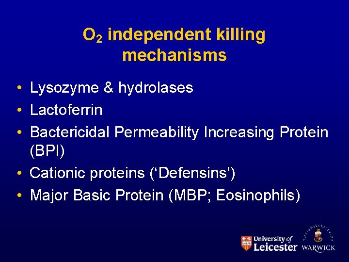 O 2 independent killing mechanisms • Lysozyme & hydrolases • Lactoferrin • Bactericidal Permeability