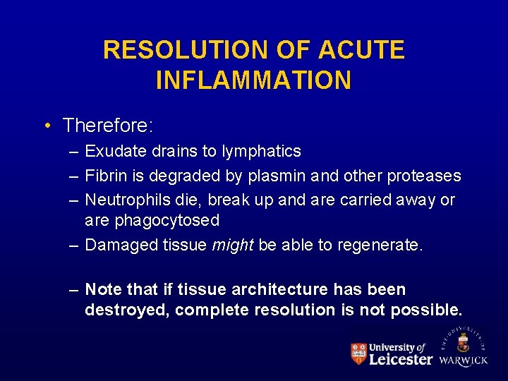 RESOLUTION OF ACUTE INFLAMMATION • Therefore: – Exudate drains to lymphatics – Fibrin is