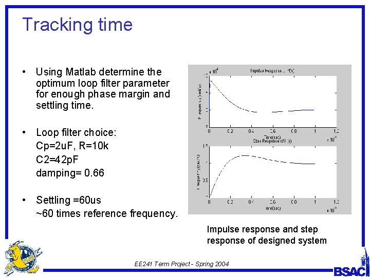 Tracking time • Using Matlab determine the optimum loop filter parameter for enough phase