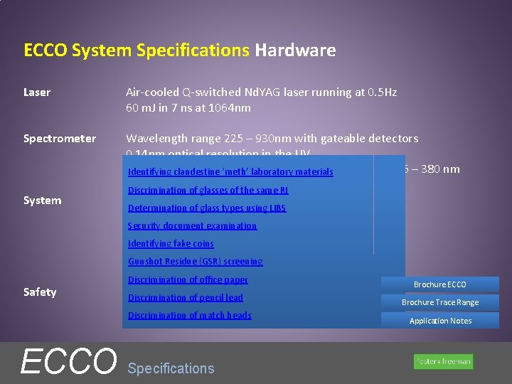 ECCO System Specifications Hardware Laser Air-cooled Q-switched Nd. YAG laser running at 0. 5 ECCO System Specifications Hardware Laser Air-cooled Q-switched Nd. YAG laser running at 0. 5