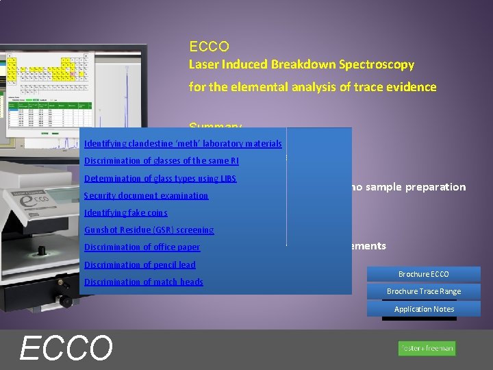 ECCO Laser Induced Breakdown Spectroscopy for the elemental analysis of trace evidence Summary Identifying ECCO Laser Induced Breakdown Spectroscopy for the elemental analysis of trace evidence Summary Identifying