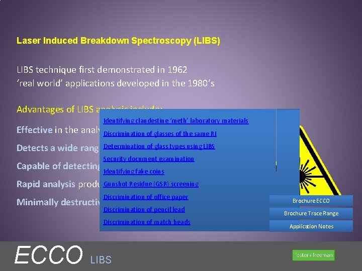 Laser Induced Breakdown Spectroscopy (LIBS) LIBS technique first demonstrated in 1962 ‘real world’ applications Laser Induced Breakdown Spectroscopy (LIBS) LIBS technique first demonstrated in 1962 ‘real world’ applications