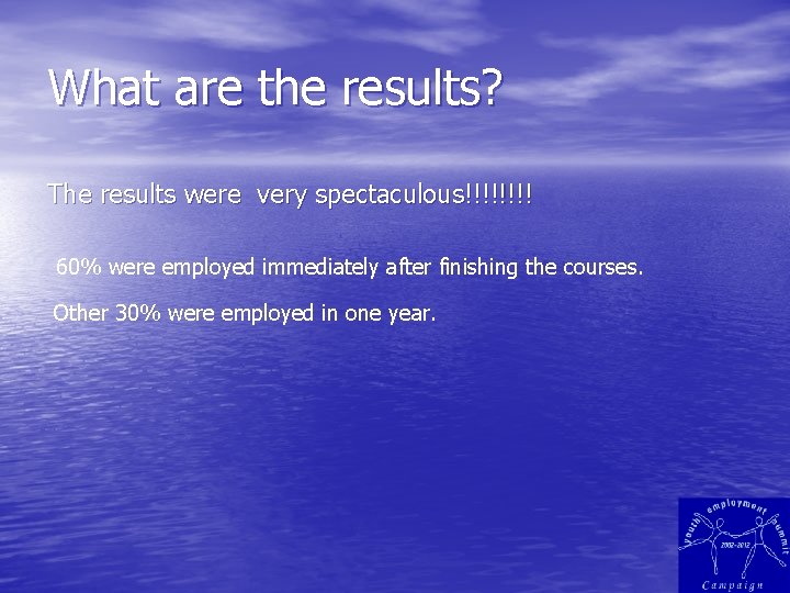 What are the results? The results were very spectaculous!!!! 60% were employed immediately after