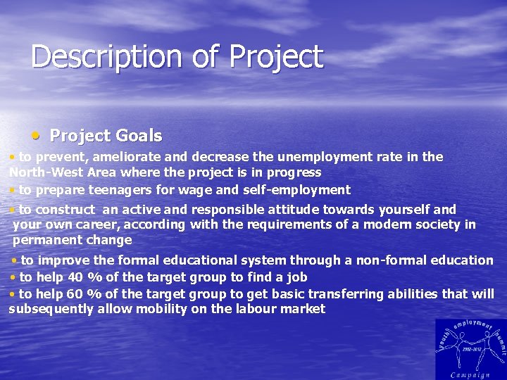 Description of Project • Project Goals • to prevent, ameliorate and decrease the unemployment