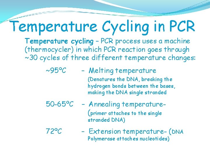 Temperature Cycling in PCR Temperature cycling – PCR process uses a machine (thermocycler) in