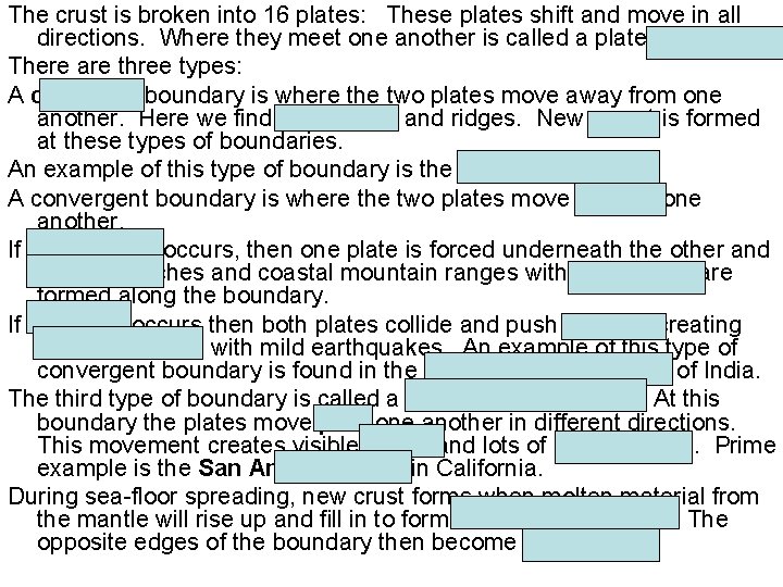 The crust is broken into 16 plates: These plates shift and move in all