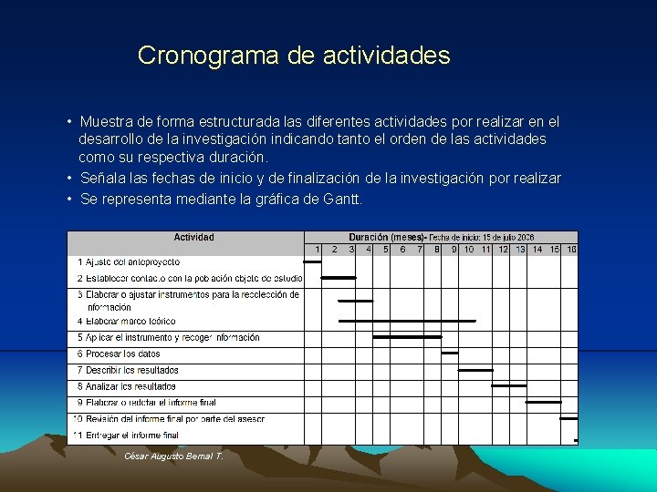 Cronograma de actividades • Muestra de forma estructurada las diferentes actividades por realizar en Cronograma de actividades • Muestra de forma estructurada las diferentes actividades por realizar en