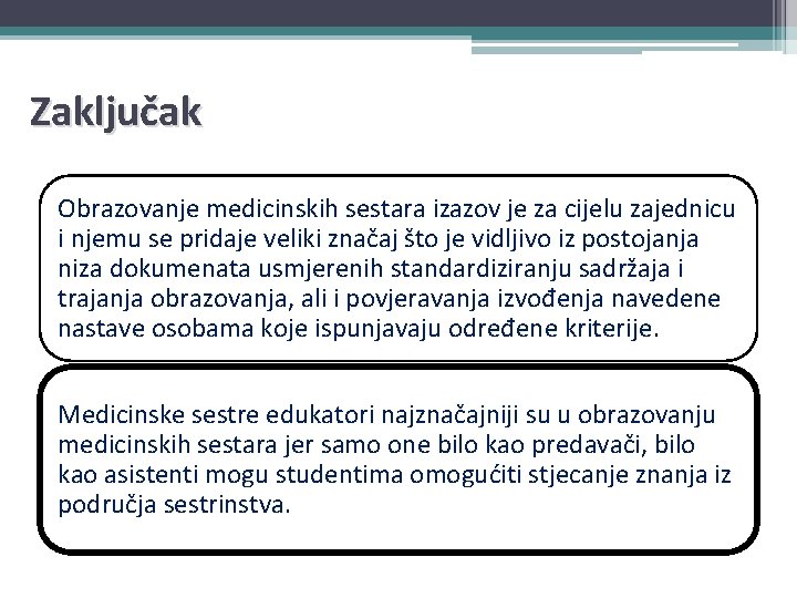 Zaključak Obrazovanje medicinskih sestara izazov je za cijelu zajednicu i njemu se pridaje veliki