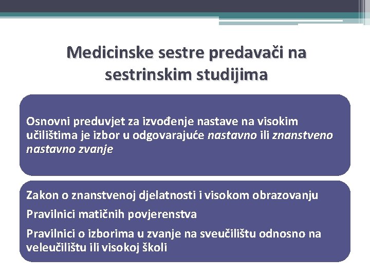 Medicinske sestre predavači na sestrinskim studijima Osnovni preduvjet za izvođenje nastave na visokim učilištima