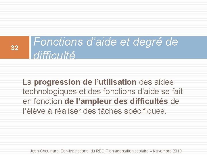 32 Fonctions d’aide et degré de difficulté La progression de l’utilisation des aides technologiques