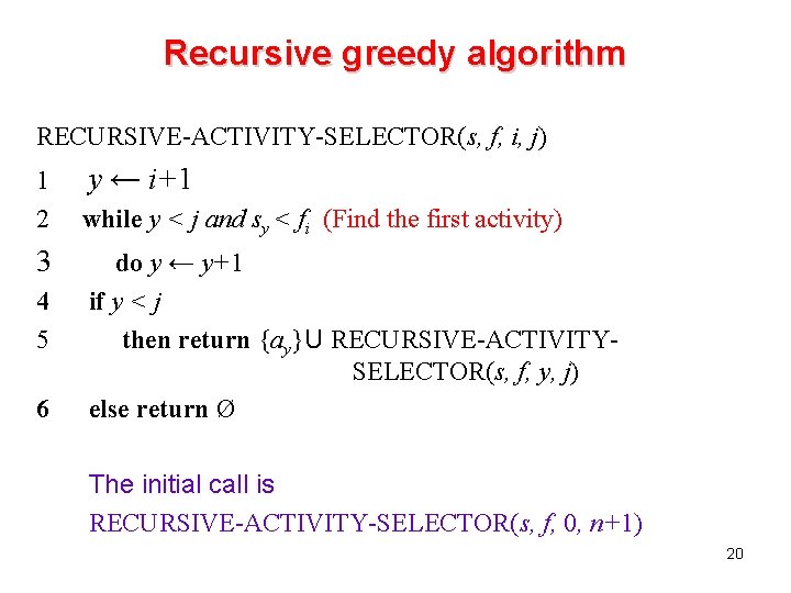 Recursive greedy algorithm RECURSIVE-ACTIVITY-SELECTOR(s, f, i, j) 1 2 3 4 5 6 y Recursive greedy algorithm RECURSIVE-ACTIVITY-SELECTOR(s, f, i, j) 1 2 3 4 5 6 y