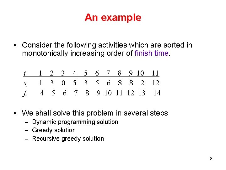 An example • Consider the following activities which are sorted in monotonically increasing order An example • Consider the following activities which are sorted in monotonically increasing order
