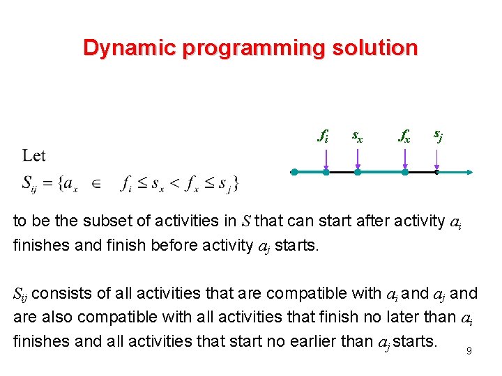 Dynamic programming solution fi sx fx sj to be the subset of activities in Dynamic programming solution fi sx fx sj to be the subset of activities in