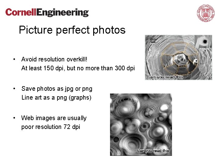 Picture perfect photos • Avoid resolution overkill! At least 150 dpi, but no more