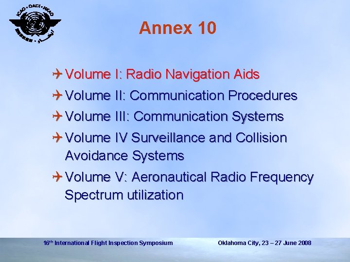 Annex 10 Q Volume I: Radio Navigation Aids Q Volume II: Communication Procedures Q