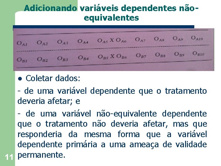 Adicionando variáveis dependentes nãoequivalentes Coletar dados: - de uma variável dependente que o tratamento