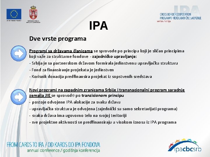 IPA Dve vrste programa Programi sa državama članicama se sprovode po principu koji je IPA Dve vrste programa Programi sa državama članicama se sprovode po principu koji je