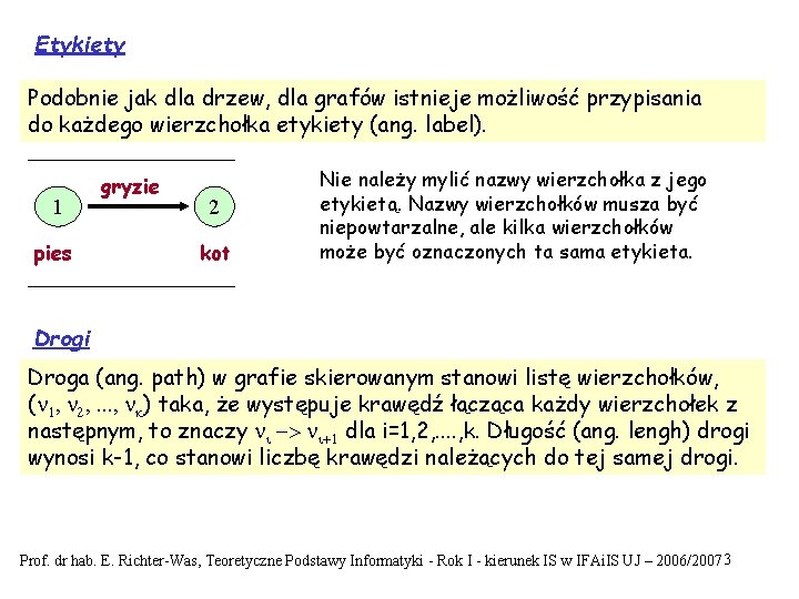 Etykiety Podobnie jak dla drzew, dla grafów istnieje możliwość przypisania do każdego wierzchołka etykiety