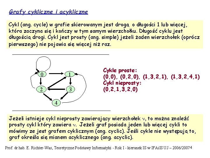 Grafy cykliczne i acykliczne Cykl (ang. cycle) w grafie skierowanym jest drogą o długości