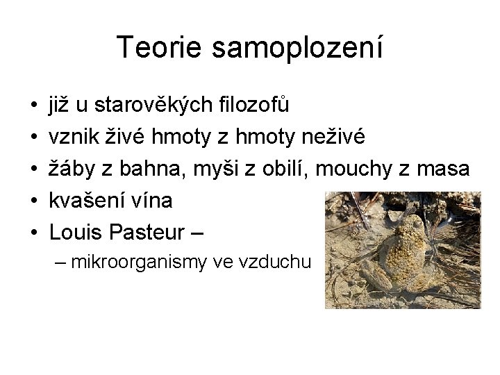 Teorie samoplození • • • již u starověkých filozofů vznik živé hmoty z hmoty