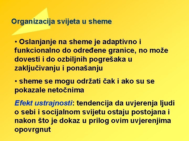 Organizacija svijeta u sheme • Oslanjanje na sheme je adaptivno i funkcionalno do određene